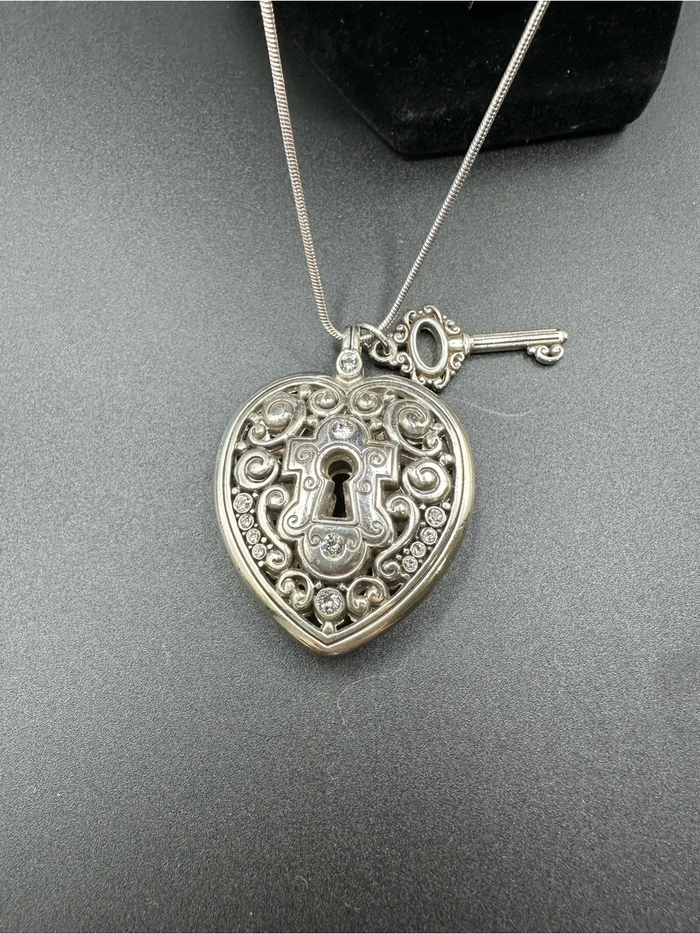Retired Brighton Lock Heart and Key Reversible Pendant Necklace Silver Plate
